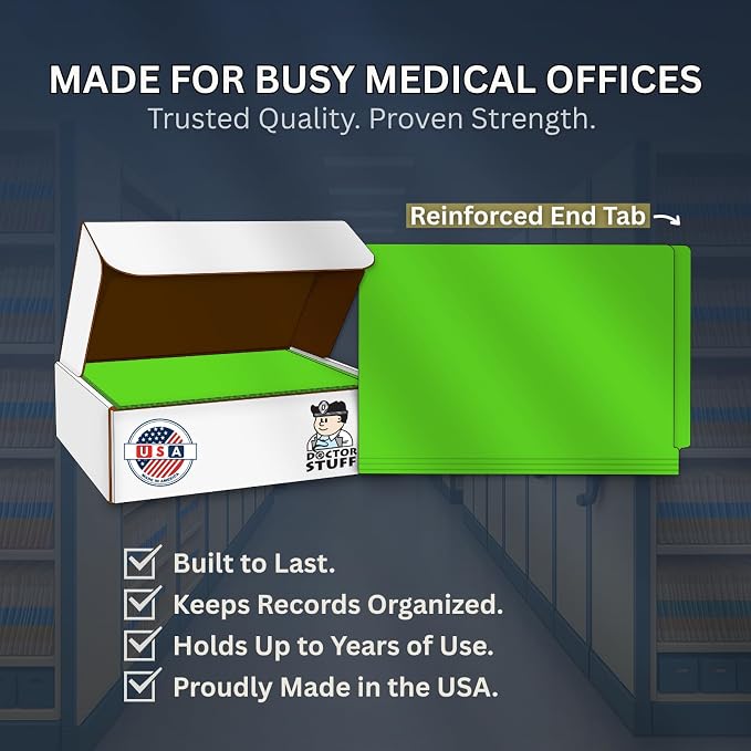 Green File Folders, Doctor Stuff, Legal Size Reinforced End Tab Folder with 2" Bonded Fastener on Inside Front and Back, 14 pt Stock, Carton of 250 - Image 8