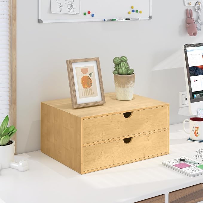 Bamboo Desk Drawer Organizer, Large Desktop Organizer with Drawers Tabletop Storage Organization Box for Office Home Toiletries Supplies Vanity, No Assembly Required (2 Drawer) - Image 2