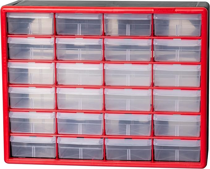 Akro-Mils 24-Drawer Plastic Storage Cabinet, 20"W x 6"D x 16"H, Red | Plastic Cabinet w/ Drawers for Garage Organization, Beads, Building Bricks Storage, Teacher Toolbox, Makeup Organizer, 10124 - Image 9