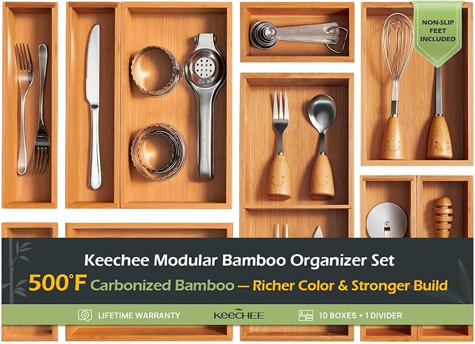 keechee 10-Piece Bamboo Drawer Organizer Set, 2.2" Deep Multi-Use Organizers for Utensils, Silverware, Cutlery, Desk, Bathroom, Junk Drawer & Makeup, Non-Slip Feet Included. by Keechee