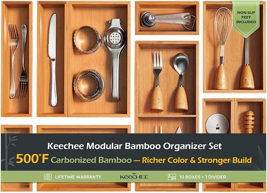keechee 10-Piece Bamboo Drawer Organizer Set, 2.2" Deep Multi-Use Organizers for Utensils, Silverware, Cutlery, Desk, Bathroom, Junk Drawer & Makeup, Non-Slip Feet Included. by Keechee