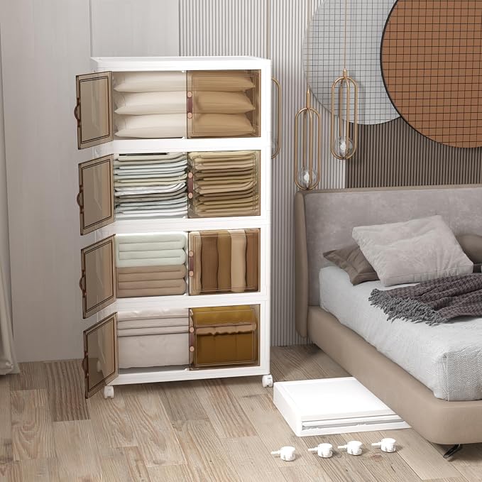 Stackable Storage Bins with Lids, 672QT Closet Organizers and Storage Cabinet with Doors & Wheels, Lockable Plastic Foldable Drawers for Bedroom Dorm Office Garage（168QT*4,White） - Image 7
