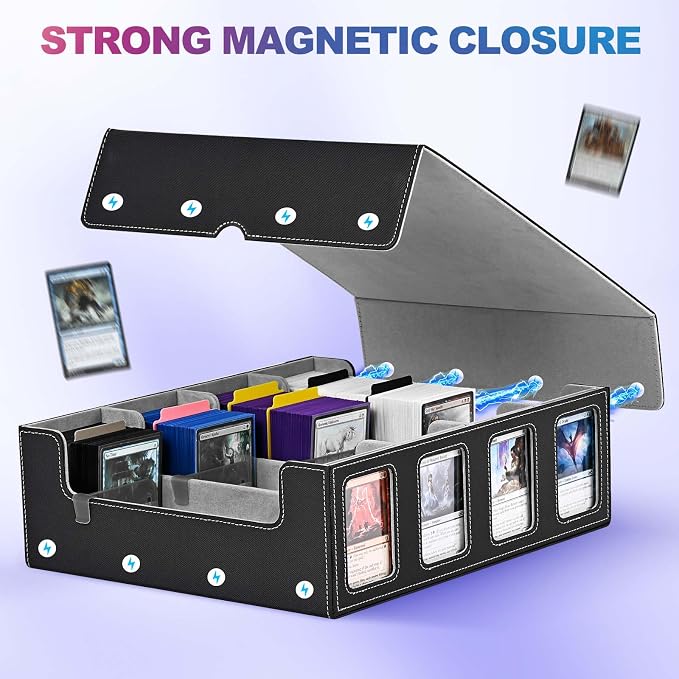 UAONO Trading Card Storage Box with Commander Display, Black Grey | 2400+ Deck Box for MTG with Removable Cover, Top Loaders Card Case Fits Magic TCG PTCG Sports Cards, 24 Dividers, 4 Stoppers - Image 7