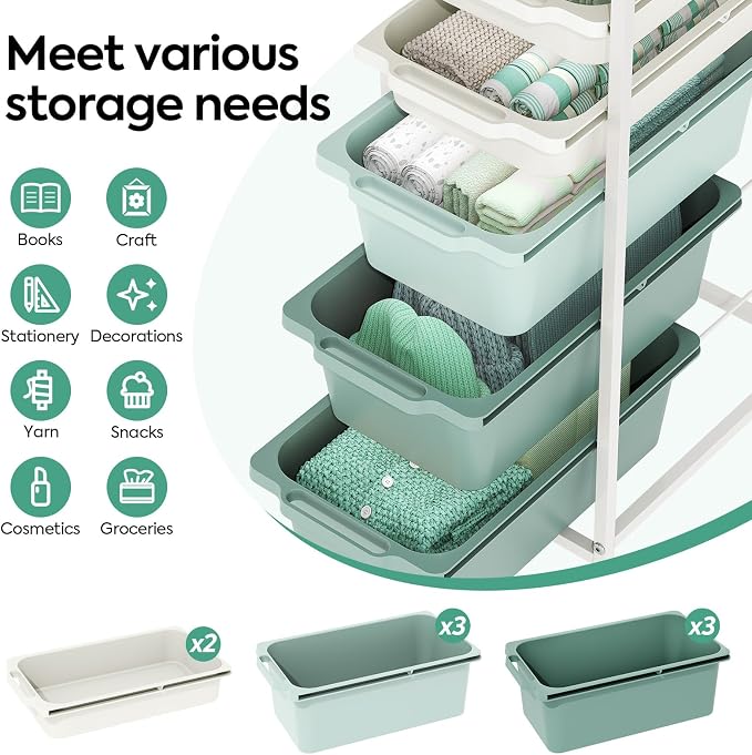 KINGBOARD Slim Rolling Cart with 5 Drawers, Metal Utility Storage Cart | Wooden Tabletop, Lockable Wheels, Table Side Trolley for Bedroom, Children's Room and Office Organization, Green - Image 3