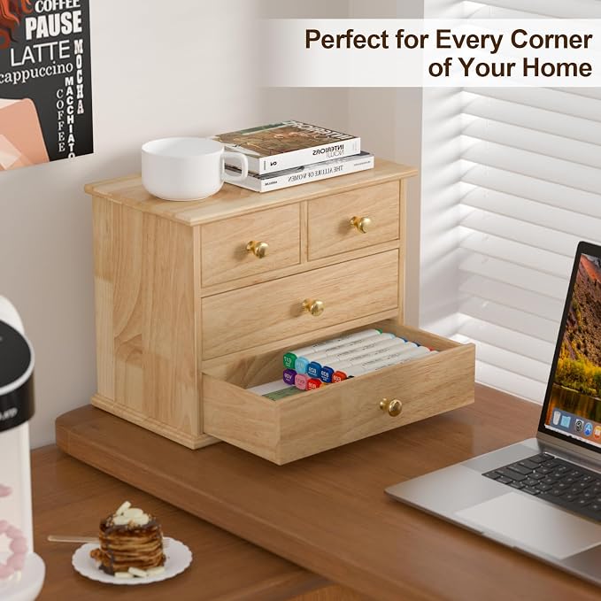 Oak Desk Organizer with Drawers, Durable Wooden Desktop Storage Box | 4 Drawer Tabletop Organizer with Metal Handles & Non-Slip Pads for Office, Bedroom, Bathroom, Vanity, Makeup Storage, Natural - Image 4