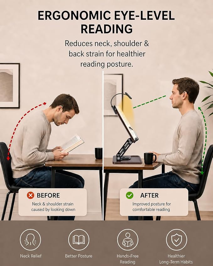 Adjustable Book Stand with Light, Book Holders for Reading Hands Free | Ergonomic Stand for Cookbooks, Bibles, Laptops & Tablets with Page Clips and 360° Rotation - Image 2