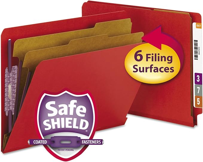 Smead 100% Recycled End Tab Pressboard Classification File Folder with SafeSHIELD Fasteners, 2 Dividers, 2" Expansion, Letter Size, Bright Red, 10 per Box (26783) by SMEAD
