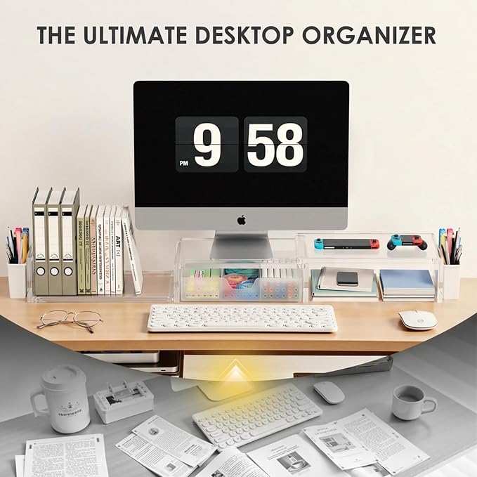 Clear Acrylic Desk Organizers and Accessories, Dual Monitor Stand Riser with Drawer, Desk Shelf Computer Racks for Office Workspace Organizers, Desktop Organization (Transparent) - Image 3