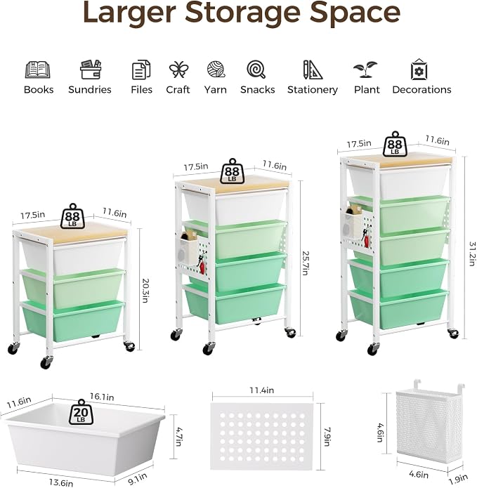 Rolling Cart with 4 Drawers, Plastic Drawer Storage Carts with Wheels & Wooden Tabletop, Metal Utility Cart with Pegboards, Office Living Room Classroom Craft Organization and Storage, Bright Green - Image 3