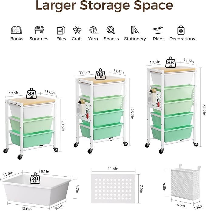 Rolling Cart with 3 Drawers, Plastic Drawer Storage Carts with Lockable Wheels & Wooden Tabletop, Metal Utility Cart Organizer, Office Bedroom Classroom Craft Organization and Storage, Bright Green - Image 3