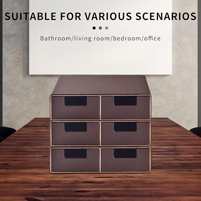 Linen Leather Desk Organizer and monitor stand with Drawers－Mini Desktop Drawer Organizer Stackable－Tabletop Organization Storage Box for Office Supplies Home Vanity Toiletries (Brown, 2-drawers) - Image 4