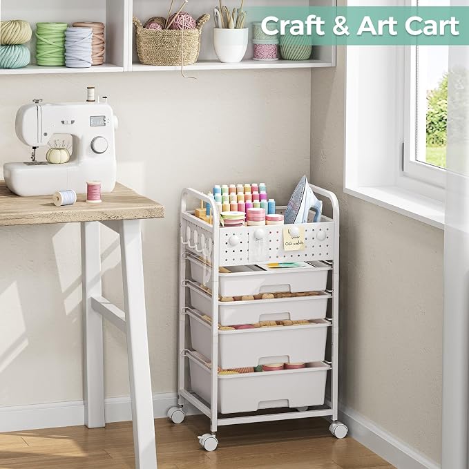 SYKIARIOL 4 Drawer Rolling Storage Cart with Pegboard Top and Hooks, White | Mobile Organizer Cart with Wheels for Office Supplies, Craft Storage, Classroom Organization, Home Utility Cart - Image 7
