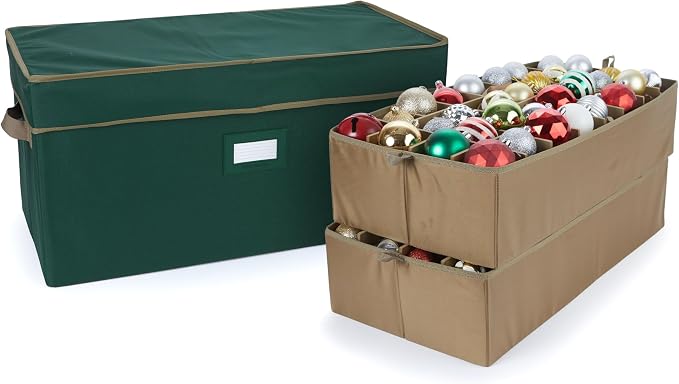 Covermates Keepsakes Adjustable Ornament Storage Box – Heavy-Duty Polyester, Padded Dividers & FlexGrid Trays – Protective Holiday Organizer with Stackable Walls & Label Window, Green by Covermates