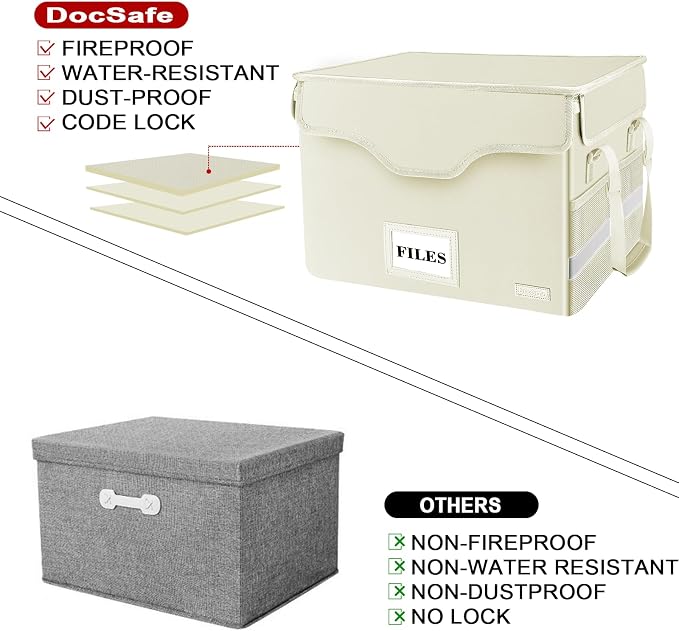 DocSafe Fireproof Document Box with Lock,File Storage Organizer with Zipper Pockets,Collapsible Portable File Box Home Office Safe Filing Cabinet with Handle for Hanging Letter/Legal Folders,Beige - Image 6