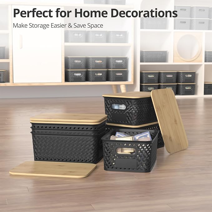 Plastic Storage Bins with Bamboo Lids, Stackable Small Box Baskets for Organizing and Containers for Shelves Drawers Desktop Closet Pantry Classroom Office Home, 6 Pack 10.2x7.2x4.1 Inch, Black - Image 7