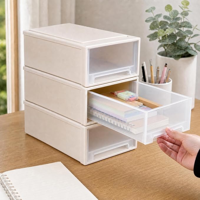 Jekiyo 12 Quart Plastic Stackable Desktop Organizer Drawer Box Pack of 3 - Image 6