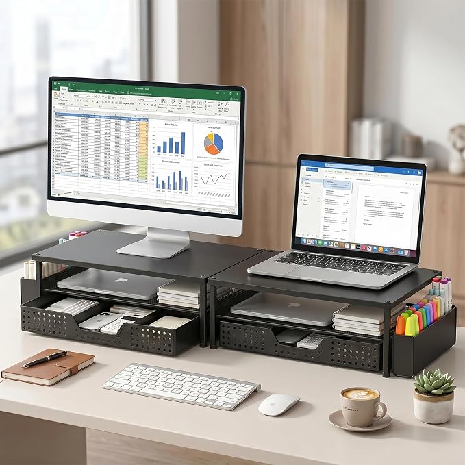 ECOLOVI Desk Organizer and Accessories, 2-Tier Computer Monitor Stand Rise with Storage Drawer & 2 Pen Holders, Laptop & Printer Stand for Desktop, Workspace Organizers for Office Supplies (Black Wood) - Image 5
