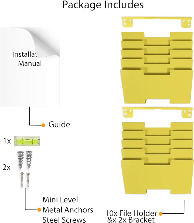 Wallniture Lisbon 10-Tier Metal Wall File Holder Organizer for Organization and Storage, Yellow Office Decor and Magazine Holder - Image 6