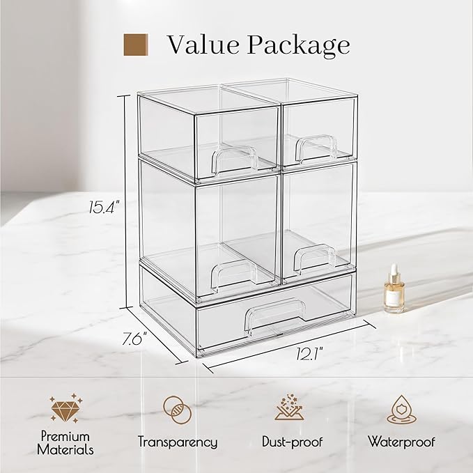 Clear Stackable Storage Drawers, Baby Bottle Organizers, Easily-Access Makeup Organizer, Durable Containers for Bathroom Countertop, Pantry and Medicine Cabinet Organizer - Image 3
