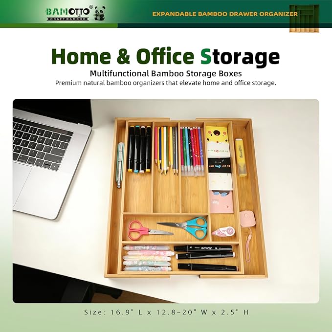 BAMOTTO CRAFTBAMBOO Expandable Bamboo Drawer Organizer for Kitchen, 8 Slot | Silverware & Cutlery Tray | Utensil Holder | 12.8"–20" Adjustable | Office & Bathroom | Flatware Organizer - Image 5