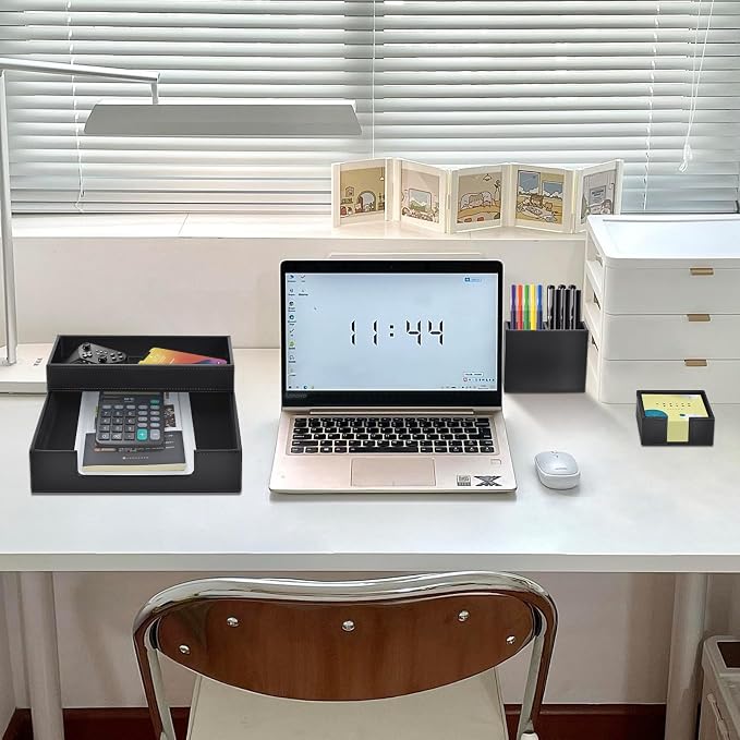 4 Pack Leather Office Supplies/Desk Organizer for Letter Paper Tray,Sticky Note Holder,Pen Cup,Stackable Small Letter Mail Sorter Tray,Workspace Decor for Women Men (Black, 4-piece set) - Image 7