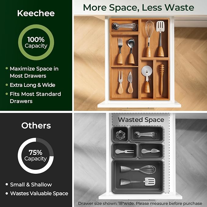 keechee 5-Piece Bamboo Drawer Organizer Set, 2.2" Deep Multi-Use Organizers for Utensils, Silverware, Cutlery, Desk, Bathroom, Junk Drawer & Makeup, Non-Slip Feet Included. - Image 5