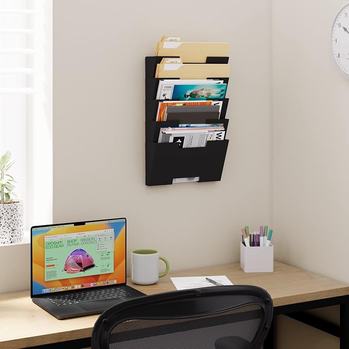Wallniture Lisbon Wall Mounted File Holder Organizer, 5-Tier Metal Office Organization and Storage Rack, Wall Mount File Holder, Magazine Holder and Office Decor, Black - Image 5
