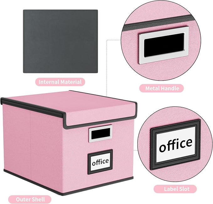 File Organizer Box with Lids, Collapsible File Folder Organizer | File Box with Plastic Slides for Office Document Storage, Filing Bin for Letter Size Hanging File Folders (1 Pack, Pink) - Image 6