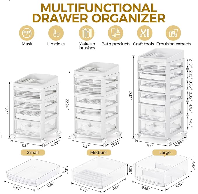 Rolling Cart with 6 Drawers, Clear Plastic Drawer Organizers, Vanity Cart | Dust Proof Under Desk Storage with Dividers for Makeup, Skincare, Art Crafts and Baby Items, Acrylic Cosmetic Organizer - Image 3