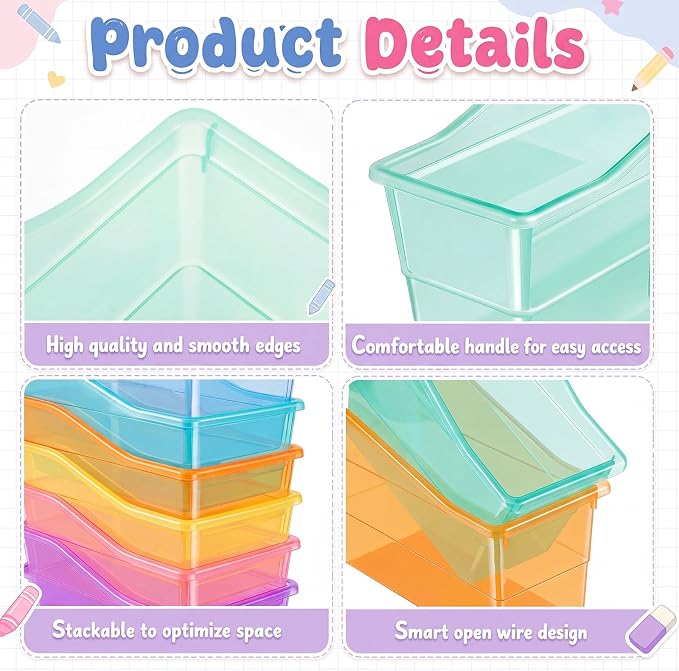 Blosssound 6 Set Book Bins for Classroom with Label Sticker Book Box Baskets Plastic Stackable Organizing Bins Storage & Organization for Classroom Library Home School Supplies (Translucent Pastel) - Image 3