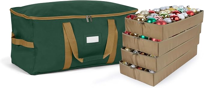 Covermates Keepsakes Adjustable Ornament Storage Bag – Heavy-Duty Polyester, Padded Dividers & FlexGrid Trays – Protective Holiday Ornament Organizer with Handles & Label Window, Green by Covermates