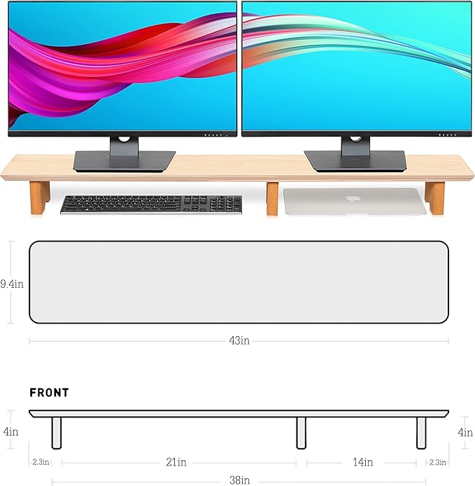 Aothia Large Dual Monitor Stand Riser, Solid Wood Desk Shelf with Eco Cork Legs for Laptop Computer/TV/PC/Printers, Perfect Desktop Stands Organizer with Underneath Storage for Office Accessories - Image 4