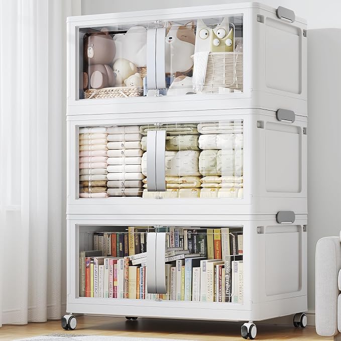 BROVIEW 480QT Stackable Storage Bins with Lids, 120Gal Extra Large Collapsible Storage Box with Wheel, Plastic Storages with Clear Door Open Front for Home Kitchen Garage, White-3pack(3 lids) by BROVIEW-EnjoytheArtofLife