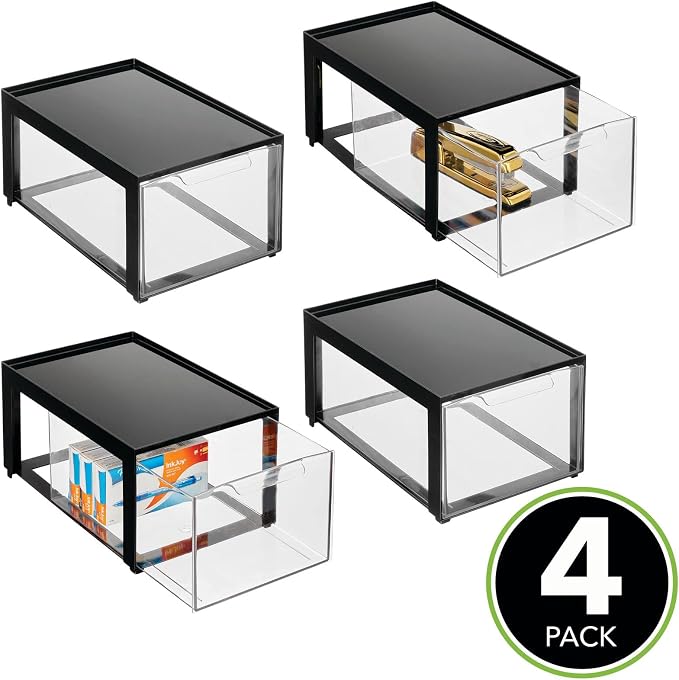 mDesign Plastic Desk Organizer and Storage Bin w/Pull Out Drawer - Stackable Office Storage Container for Office Supplies - Desktop Drawer Organizer - Lumiere Collection - 4 Pack - Black/Clear - Image 4