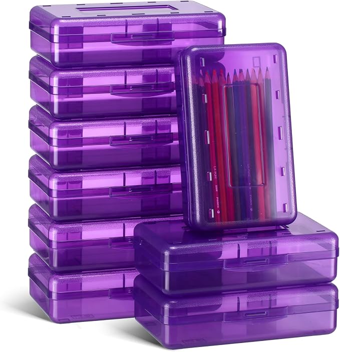 Leelosp 12 Pack Clear Pencil Boxes for School Bulk, Large Plastic Pencil Case with Lid, Stackable Hard Crayon Storage Box for Classroom Kids, Desk Drawer Organizer for Office Home(Purple) by Leelosp