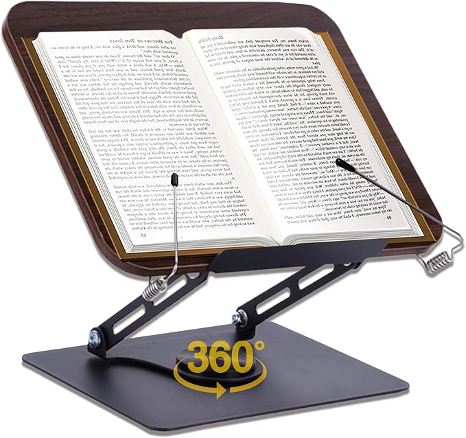 ASIEIT Book Stand for Reading, Adjustable Book Holder with 360° Rotating Bases & Elastic Page Clips, Foldable Bible Stand, Portable Reading Stand for Bible, Recipe, Magazine, Tablets, Laptops, Brown by ASIEIT