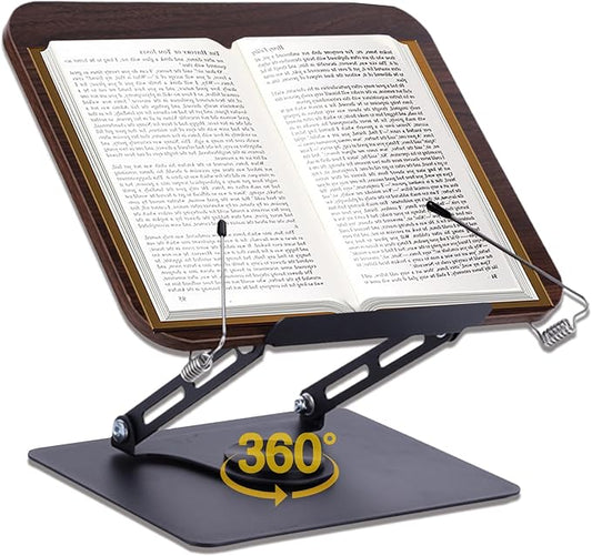 ASIEIT Book Stand for Reading, Adjustable Book Holder with 360° Rotating Bases & Elastic Page Clips, Foldable Bible Stand, Portable Reading Stand for Bible, Recipe, Magazine, Tablets, Laptops, Brown by ASIEIT