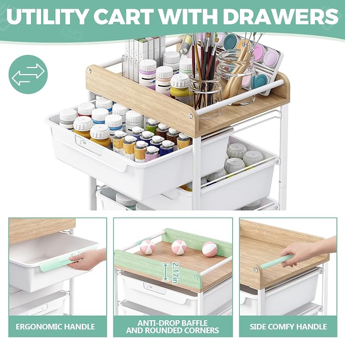 Rolling Craft Storage Cart with 6 Drawers, Art Cart,White | Utility Cart with Wooden Top, for Craft Room, Kids Art Station, Sewing Storage, Space-Saving for Home Office & Bedroom - Image 5