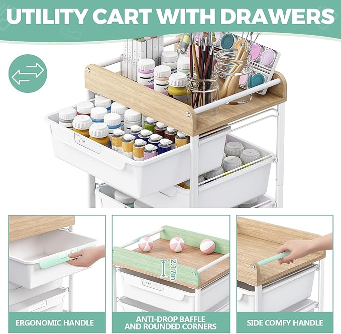 Utility Cart with 5 Drawers, Art Cart for Teacher Kid, White | Rolling Storage Cart for Crafters Artists Student Storage Arts Crafts & Study Supplies in Craft Room Dorm Classroom Kids Room - Image 7