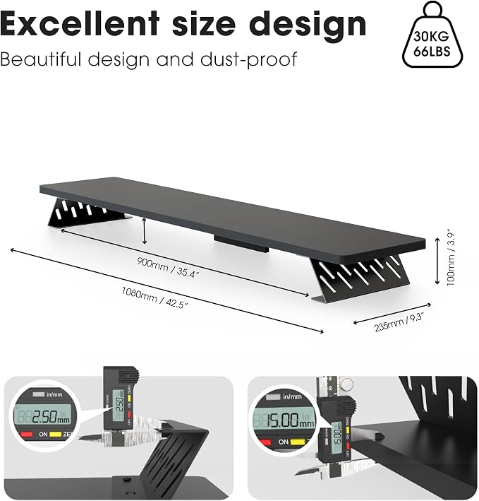 Fenge Monitor Stand Riser, Wooden & Metal Desk Shelf Organizer, Black | 42.5 Inch Dual Monitor Riser for 2 Monitors, Multifunctional Monitor Shelf for Laptop, PC, Printer - Image 5