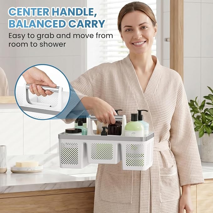 BYUNER Plastic Shower Caddy Dorm: Portable Shower Basket Tote with Handle, 4 Compartments, All-Side Drainage, Hard Bathroom & Cleaning Caddy Organizer for college Dorm Room Essentials, White/Silver - Image 5