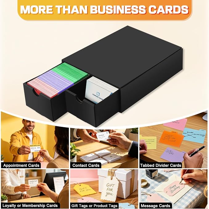 Business Card Storage Box 4 Pack, Stackable Business Card Organizer with 8 Pull-Out Drawers and Labels, Holds Up to 4000 Cards, Black Corrugated Desktop Filing Boxes - Image 4
