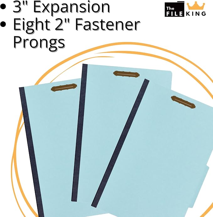 The File King Three Divider Pressboard Classification Pale Blue File Folder - Legal Size | Box of 10 | 2/5 ROC Top Tab | 3” Expansion | Six 2-Inch Fastener Prongs | USA Made - Image 4