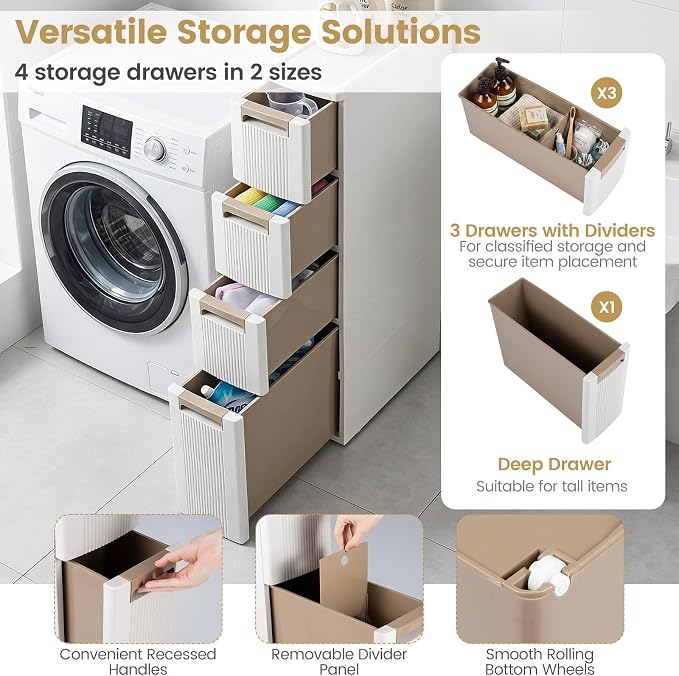 Giantex 4-Tier Narrow Storage Cabinet, Slim Rolling Cart with 4 Drawers & 3 Removable Dividers, Plastic Storage Organizer with Wheels for Small Spaces Bathroom Kitchen - Image 6