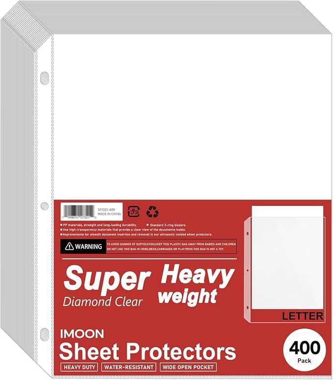 Super Heavyweight 3-Hole Letter Size Sheet Protectors - High Transparency Plastic Heavy Duty Sleeves for 3 Ring Binders, Archival Safe, Durable Page Protectors for Documents, 8.5x11 Inch (400 Pack) by Unknown