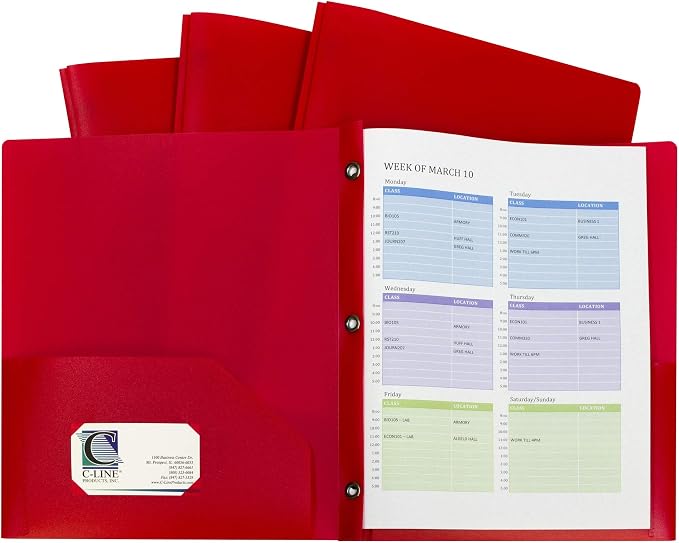 C-Line Two-Pocket Heavyweight Poly Portfolio with Prongs, for Letter Size Papers, Includes Business Card Slot, Red, 10 Pack (32964) by C-Line