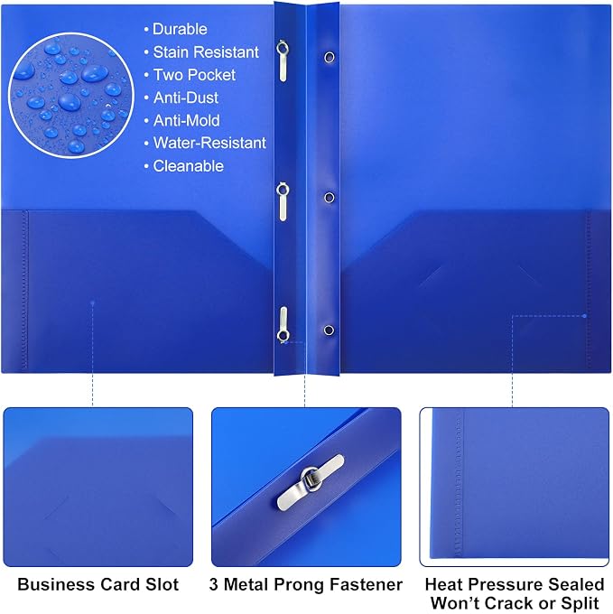 Cholemy 104 Packs Pocket Folders with Prongs Heavy Duty Plastic Folder with Business Card Slot 3 Prong Fasteners for School Office (Bright) - Image 3
