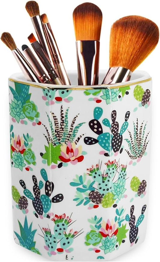 Pen Holder, Makeup Brush Holder Ceramic Shiny Gold Tropical Cactus Floral Succulents Pattern Plants Pencil Cup for Girls Kids Women Durable Stand Desk Organizer Gift for Office, Classroom, Home