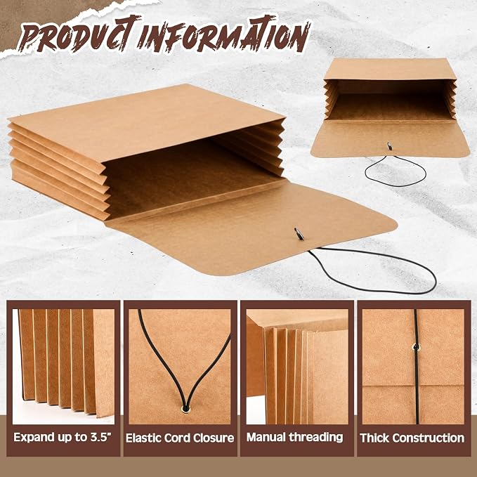 Handepo 20 Pack 11.8x9.5in Expanding File Wallet with Flap and Cord Closure, Letter Size Expanding File Folder Pocket 3.5'' Expansion Kraft Color Document Organizer for Office Supplies, Home - Image 3
