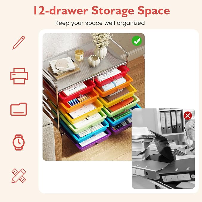 GOFLAME 12-Drawer Rolling Storage Cart, Multifunctional Art Craft Organizer Cart, Mobile Utility Storage Cart with Removable Drawers & Lockable Wheels, Craft Cart for Home Office School, Multicolored - Image 5